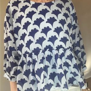 J. Marie Blue Floral Peplum Blouse Size Medium Empire Waist Top